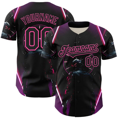 Custom Blue Black-Pink 3D Pattern Design Outer Space Light Swords Authentic Baseball Jersey