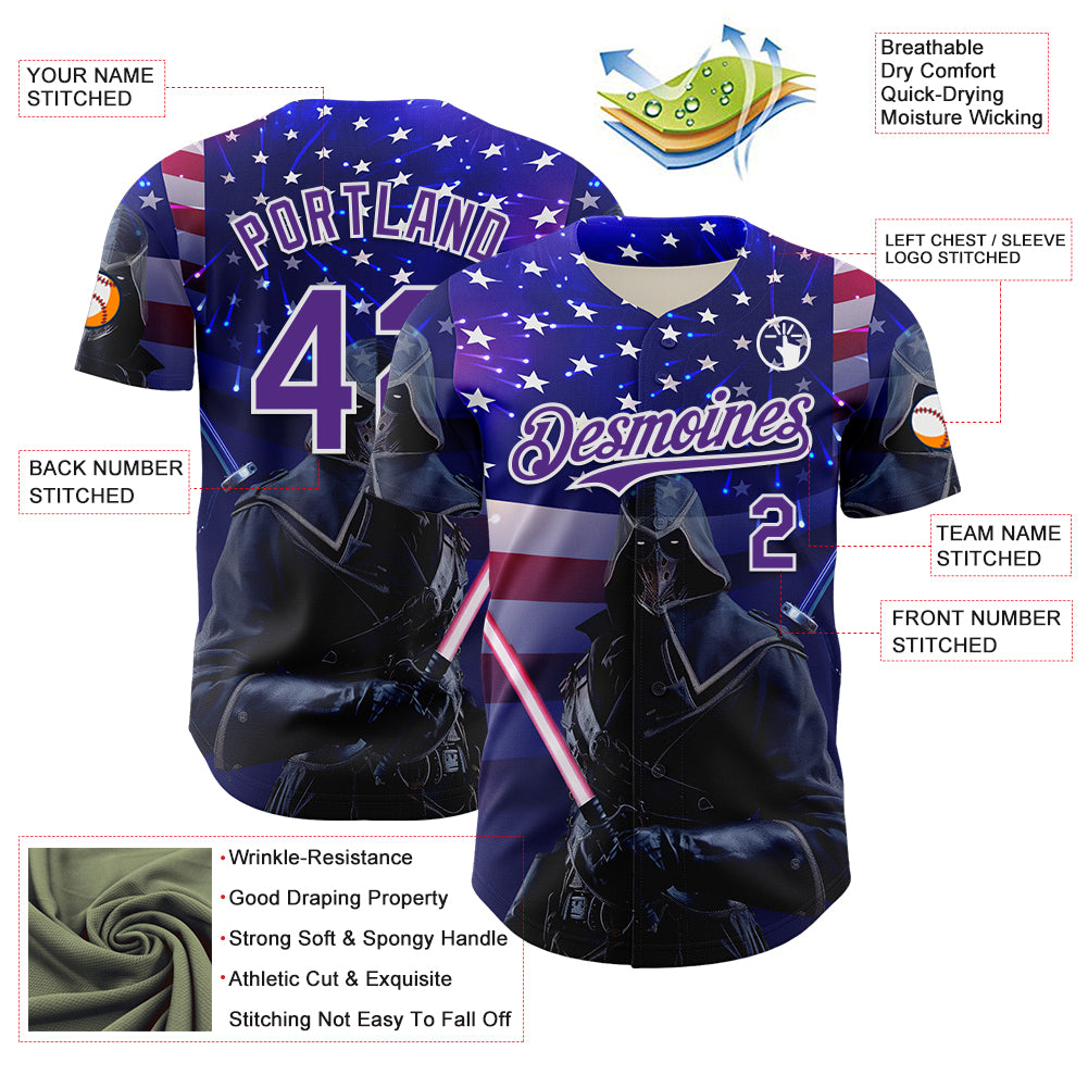Custom Blue Purple-White 3D Pattern Design Outer Space Light Swords American Flag Authentic Baseball Jersey