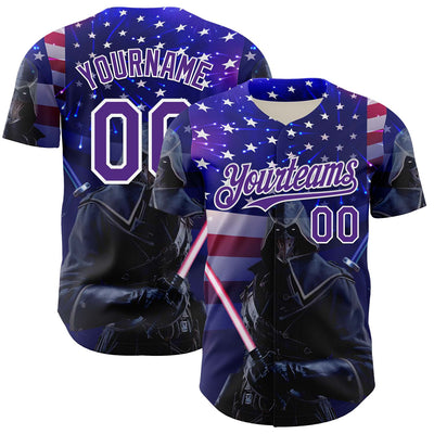 Custom Blue Purple-White 3D Pattern Design Outer Space Light Swords American Flag Authentic Baseball Jersey