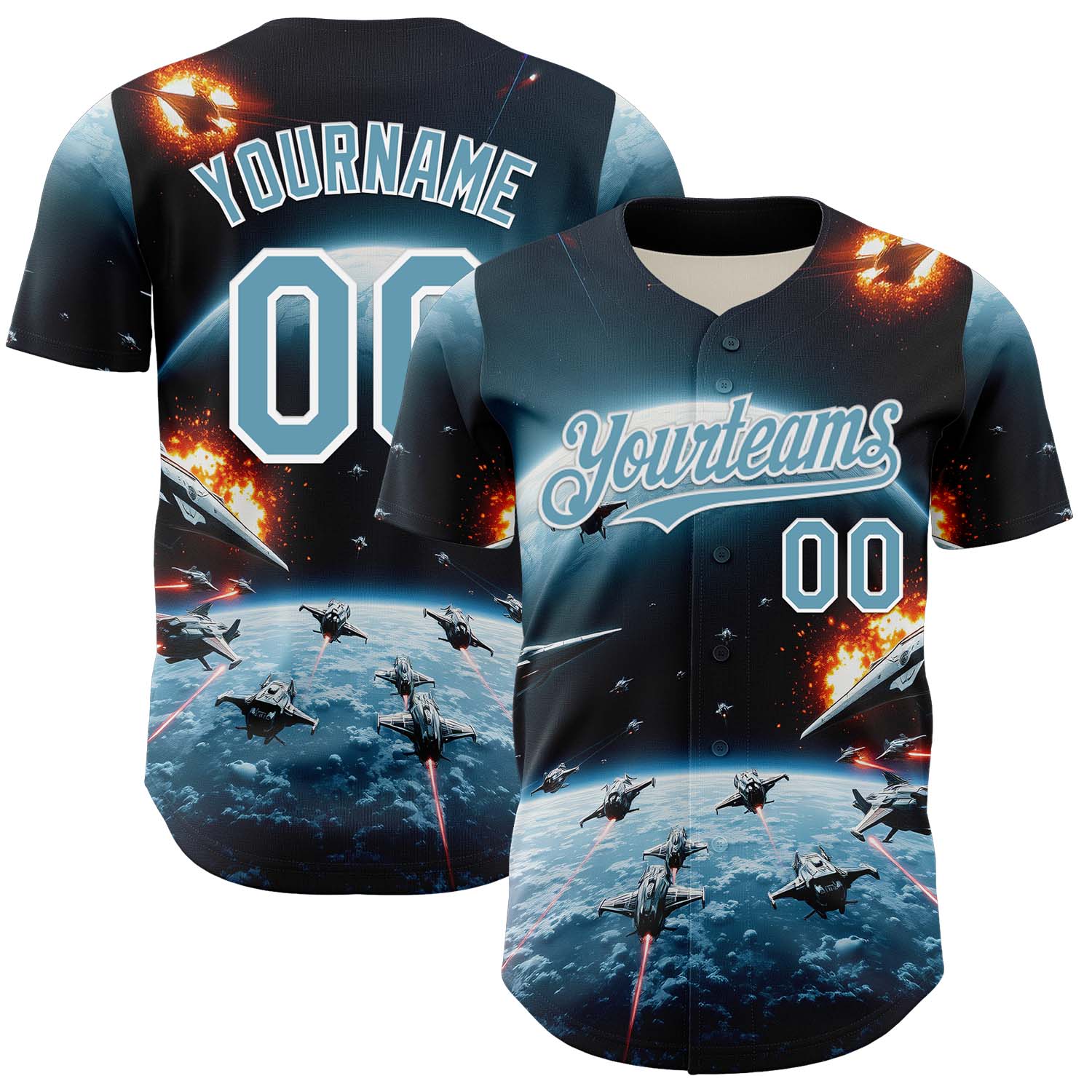 Custom Blue Shadow Blue-White 3D Pattern Design Outer Space Starships Authentic Baseball Jersey