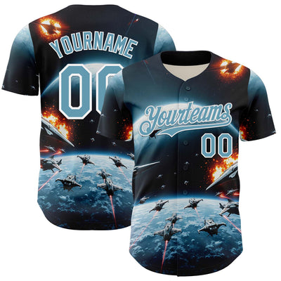 Custom Blue Shadow Blue-White 3D Pattern Design Outer Space Starships Authentic Baseball Jersey