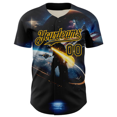 Custom Black Gold 3D Pattern Design Outer Space Light Swords American Flag Authentic Baseball Jersey