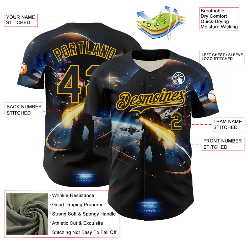 Custom Black Gold 3D Pattern Design Outer Space Light Swords American Flag Authentic Baseball Jersey