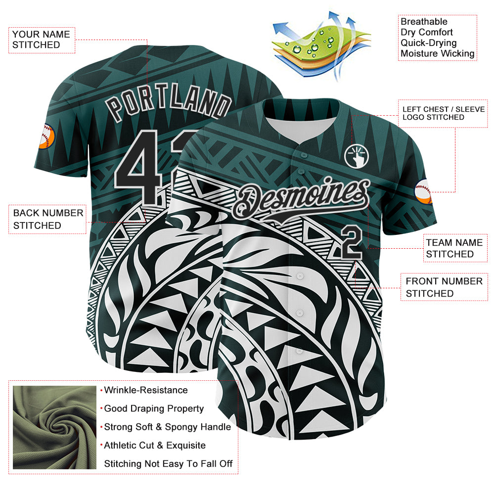 Custom Teal Black-White 3D Polynesian Style Islander Authentic Baseball Jersey