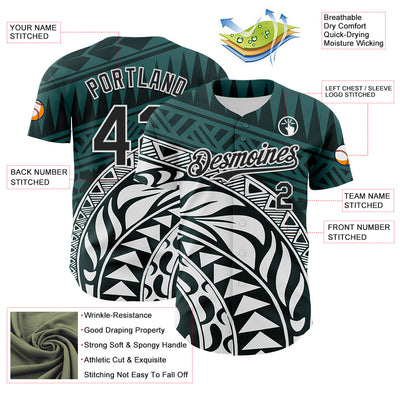 Custom Teal Black-White 3D Polynesian Style Islander Authentic Baseball Jersey