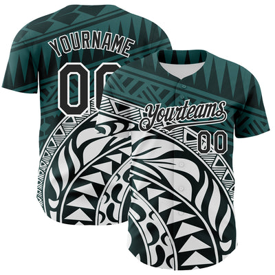 Custom Teal Black-White 3D Polynesian Style Islander Authentic Baseball Jersey