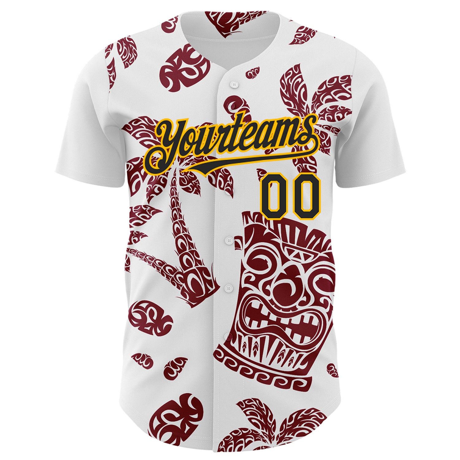 Custom White Black Crimson-Gold 3D Polynesian Style Tiki Culture Islander Authentic Baseball Jersey