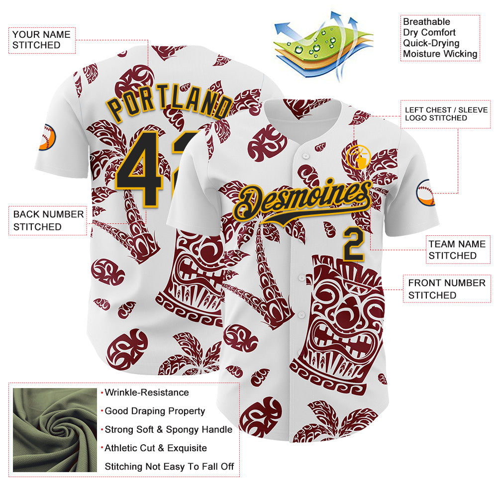 Custom White Black Crimson-Gold 3D Polynesian Style Tiki Culture Islander Authentic Baseball Jersey
