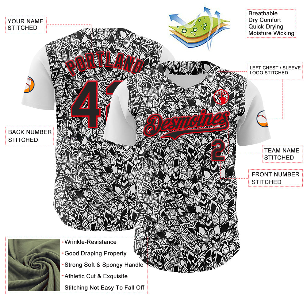 Custom White Black-Fire Red 3D Polynesian Style Islander Authentic Baseball Jersey