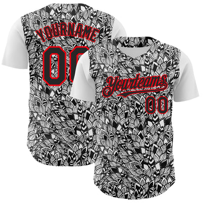 Custom White Black-Fire Red 3D Polynesian Style Islander Authentic Baseball Jersey