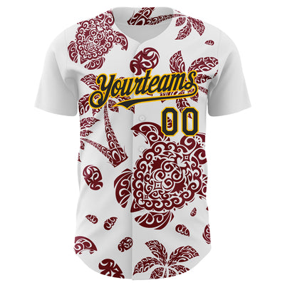 Custom White Black Crimson-Gold 3D Polynesian Style Palm Trees Islander Authentic Baseball Jersey