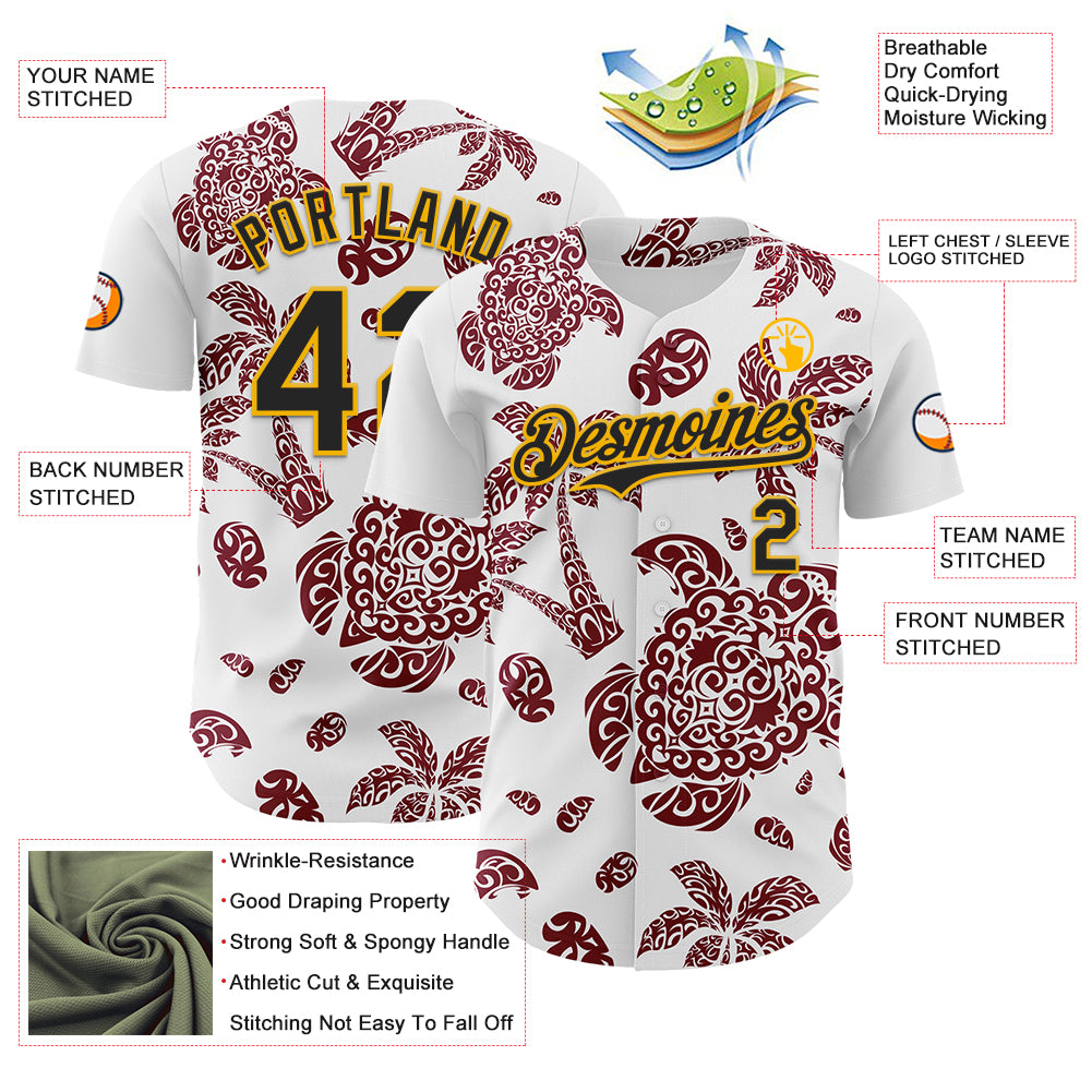 Custom White Black Crimson-Gold 3D Polynesian Style Palm Trees Islander Authentic Baseball Jersey