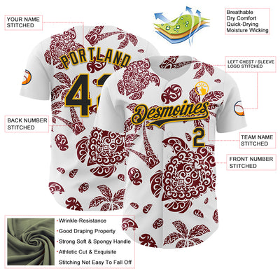 Custom White Black Crimson-Gold 3D Polynesian Style Palm Trees Islander Authentic Baseball Jersey