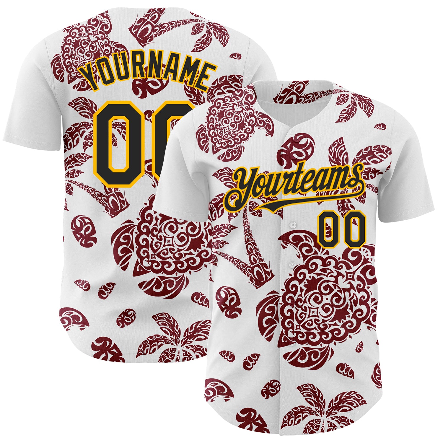Custom White Black Crimson-Gold 3D Polynesian Style Palm Trees Islander Authentic Baseball Jersey