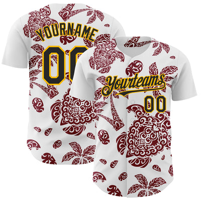 Custom White Black Crimson-Gold 3D Polynesian Style Palm Trees Islander Authentic Baseball Jersey