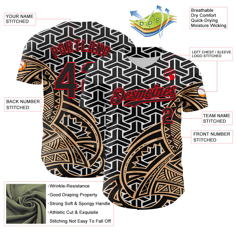 Custom White Black Old Gold-Fire Red 3D Polynesian Style Islander Authentic Baseball Jersey