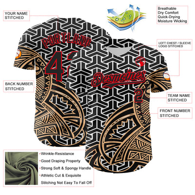 Custom White Black Old Gold-Fire Red 3D Polynesian Style Islander Authentic Baseball Jersey