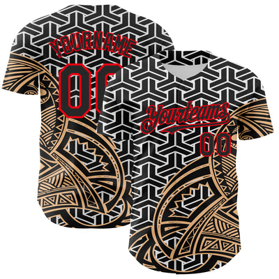 Custom White Black Old Gold-Fire Red 3D Polynesian Style Islander Authentic Baseball Jersey