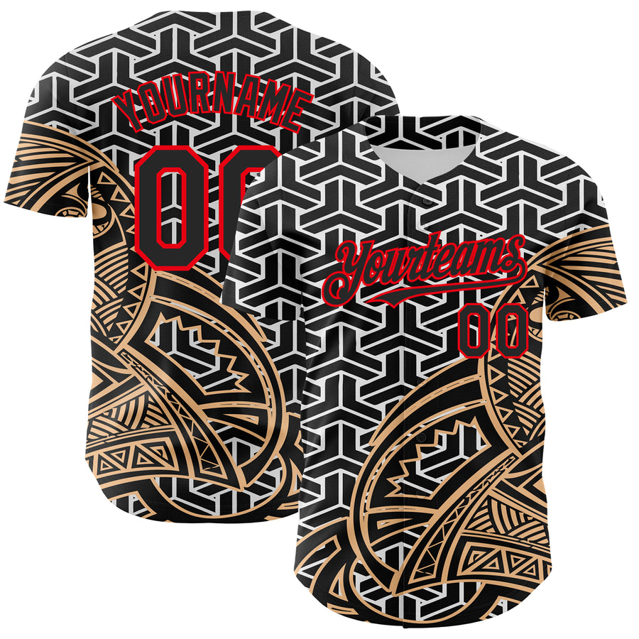 Custom White Black Old Gold-Fire Red 3D Polynesian Style Islander Authentic Baseball Jersey