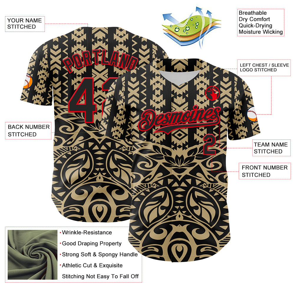 Custom Black Vegas Gold-Fire Red 3D Polynesian Style Islander Authentic Baseball Jersey