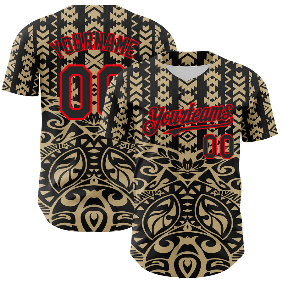 Custom Black Vegas Gold-Fire Red 3D Polynesian Style Islander Authentic Baseball Jersey