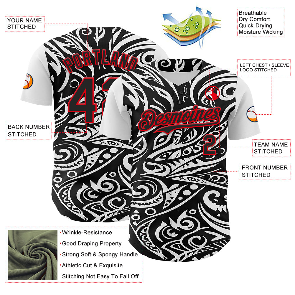 Custom Black White-Fire Red 3D Polynesian Style Islander Authentic Baseball Jersey