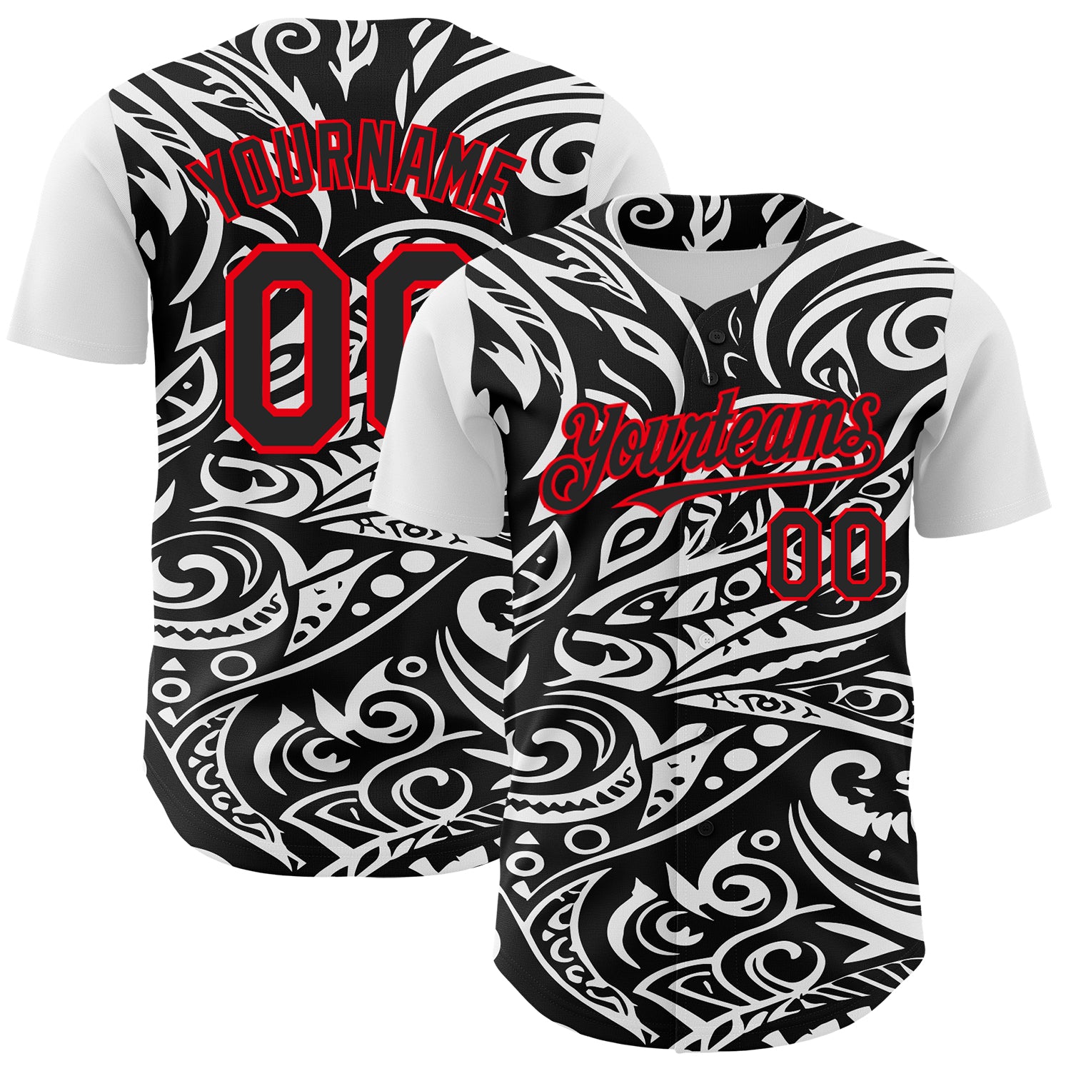 Custom Black White-Fire Red 3D Polynesian Style Islander Authentic Baseball Jersey