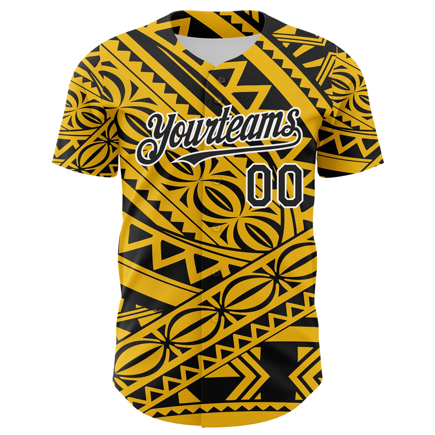 Custom Yellow Black-White 3D Polynesian Style Islander Authentic Baseball Jersey