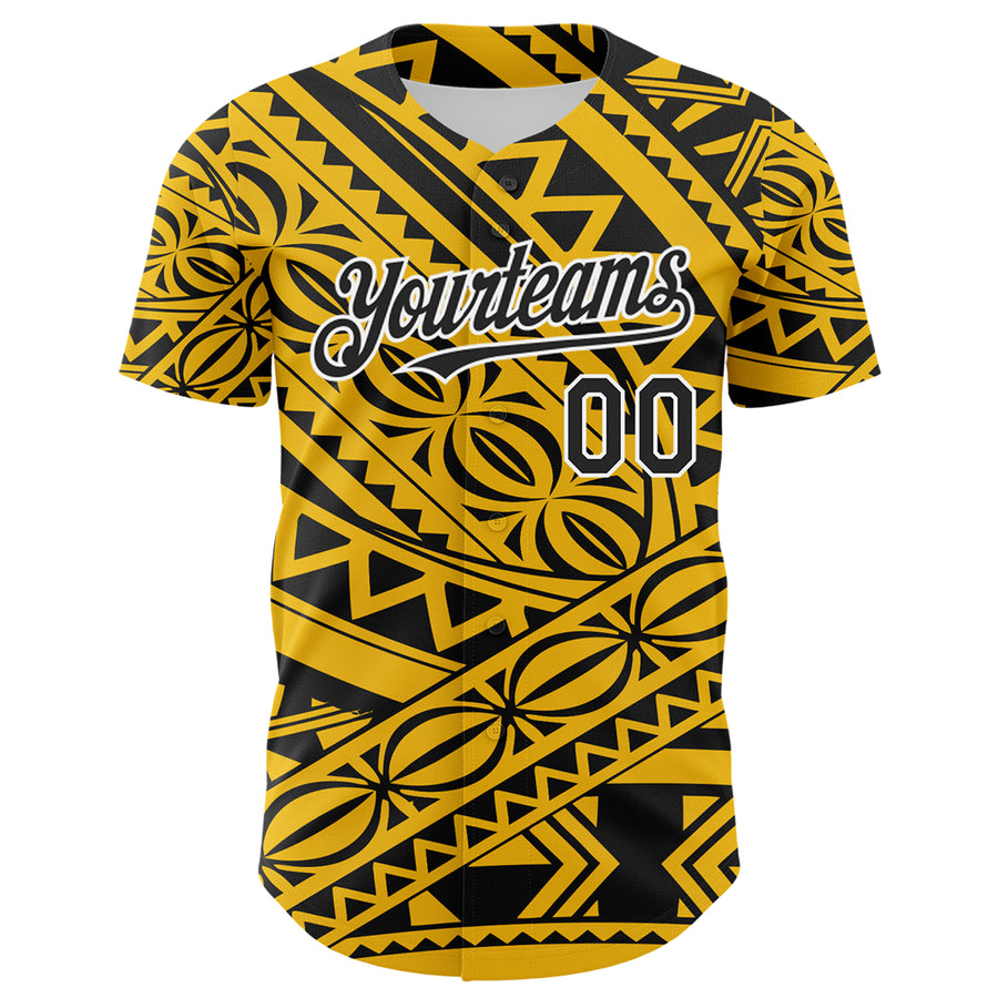 Custom Yellow Black-White 3D Polynesian Style Islander Authentic Baseball Jersey