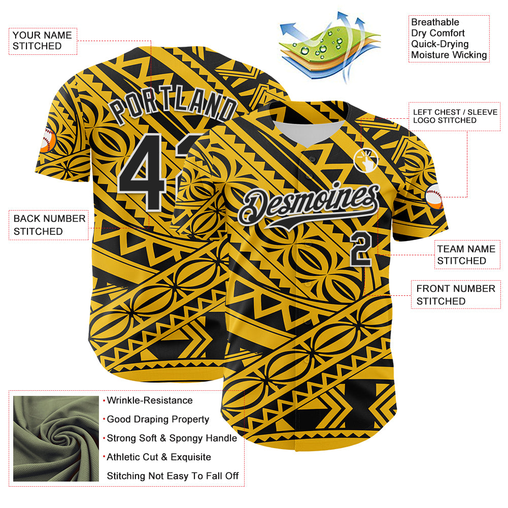 Custom Yellow Black-White 3D Polynesian Style Islander Authentic Baseball Jersey