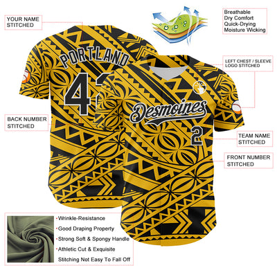 Custom Yellow Black-White 3D Polynesian Style Islander Authentic Baseball Jersey