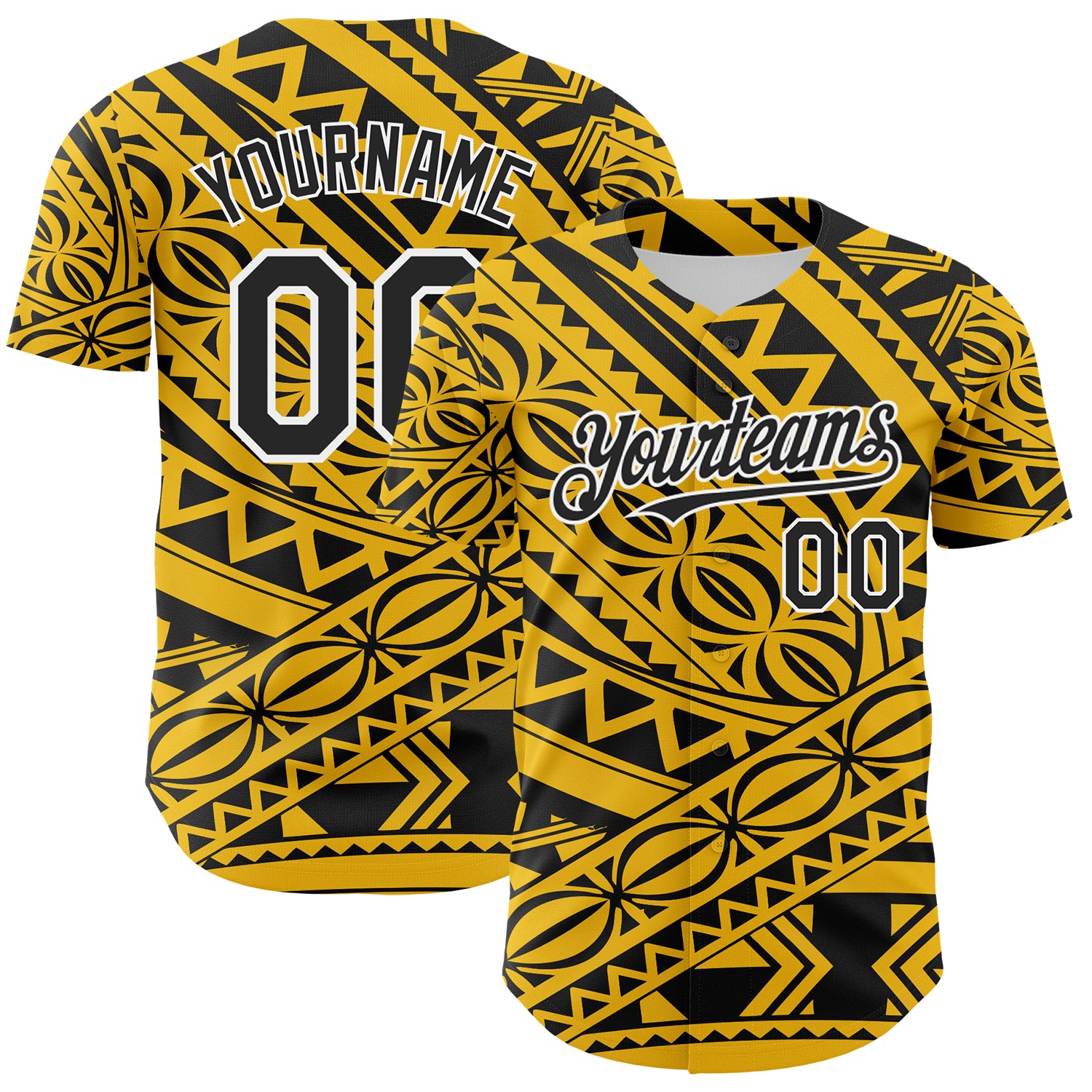Custom Yellow Black-White 3D Polynesian Style Islander Authentic Baseball Jersey