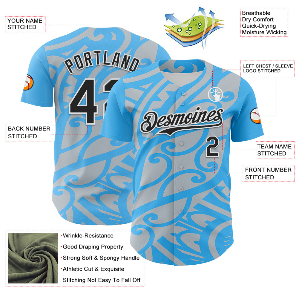 Custom Sky Blue Black Silver-White 3D Polynesian Style Islander Authentic Baseball Jersey