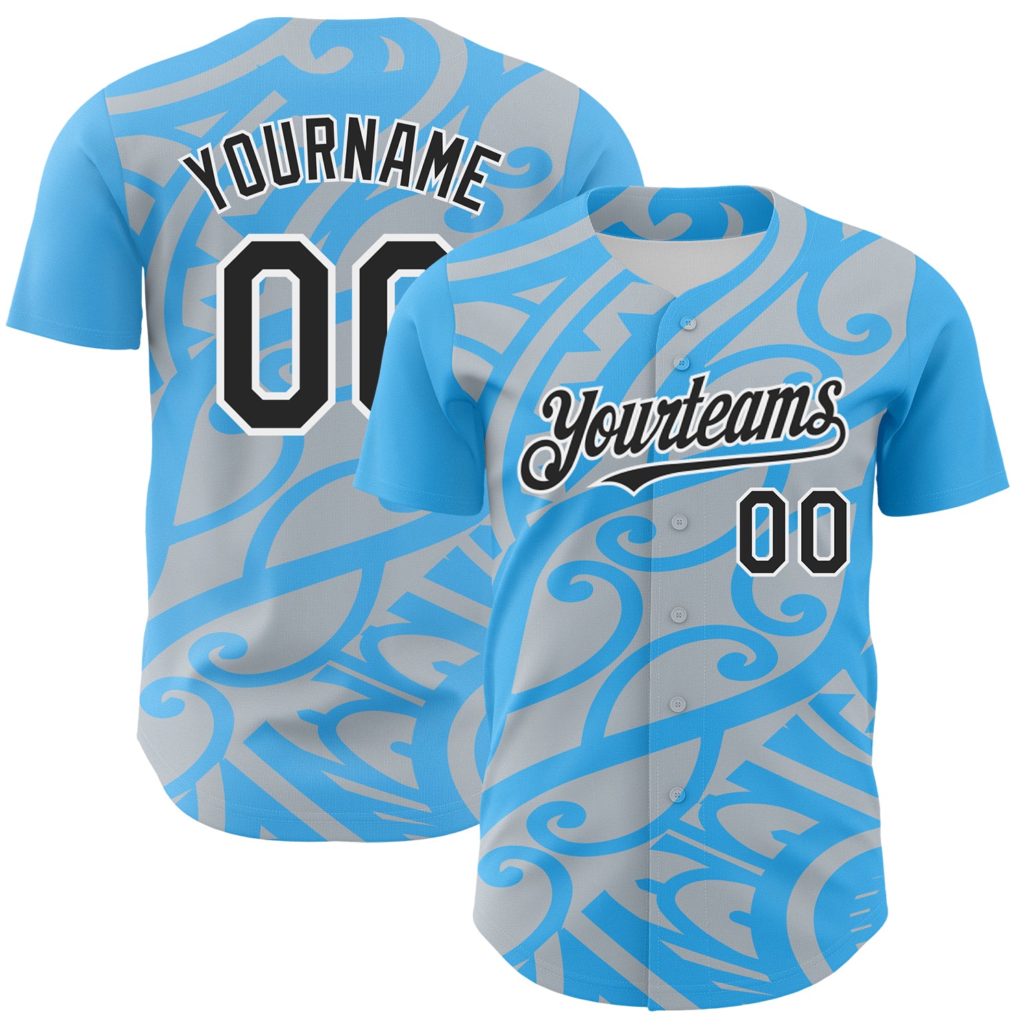 Custom Sky Blue Black Silver-White 3D Polynesian Style Islander Authentic Baseball Jersey