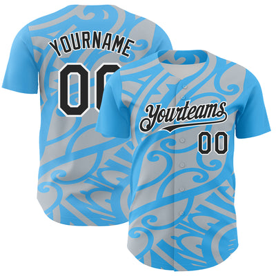 Custom Sky Blue Black Silver-White 3D Polynesian Style Islander Authentic Baseball Jersey