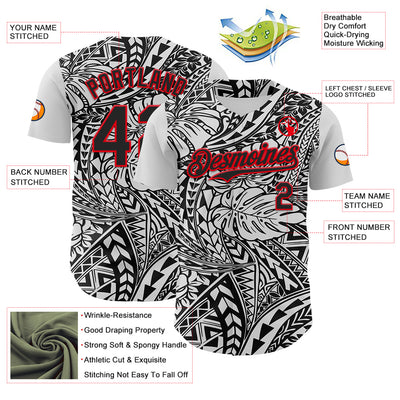 Custom Black White-Fire Red 3D Polynesian Style Islander Authentic Baseball Jersey