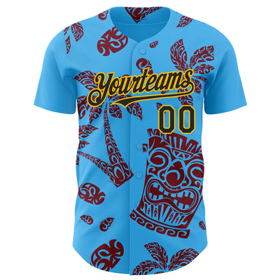 Custom Sky Blue Black Crimson-Gold 3D Polynesian Style Tiki Culture Islander Authentic Baseball Jersey