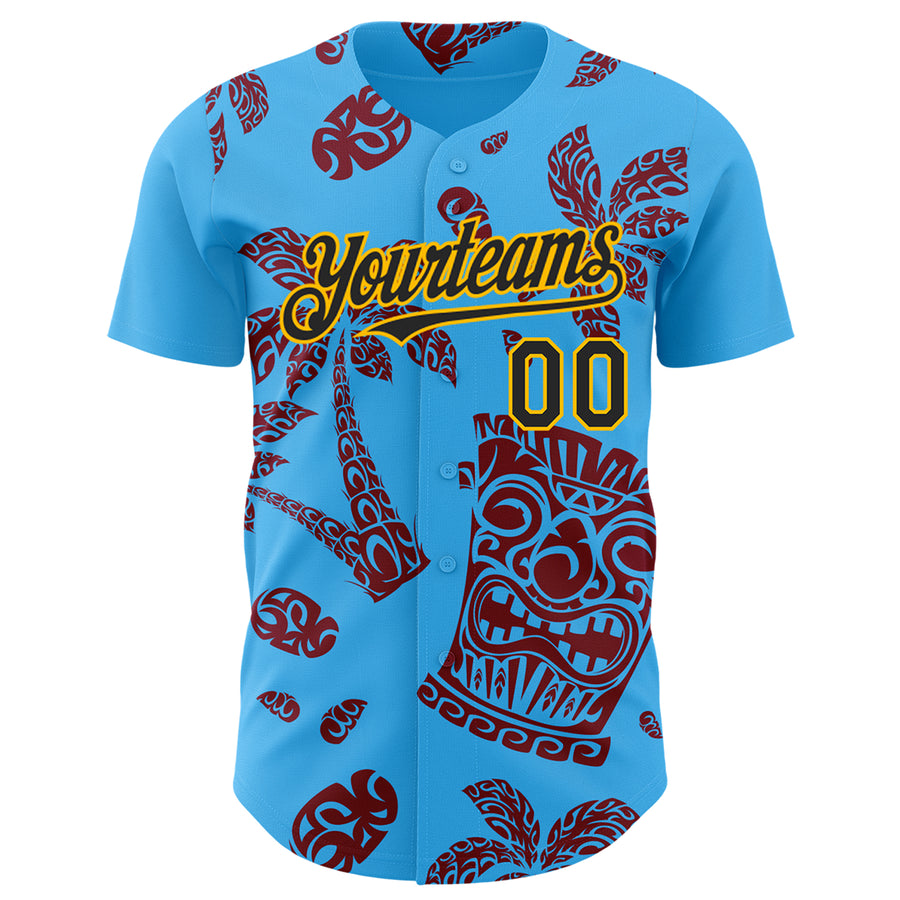 Custom Sky Blue Black Crimson-Gold 3D Polynesian Style Tiki Culture Islander Authentic Baseball Jersey
