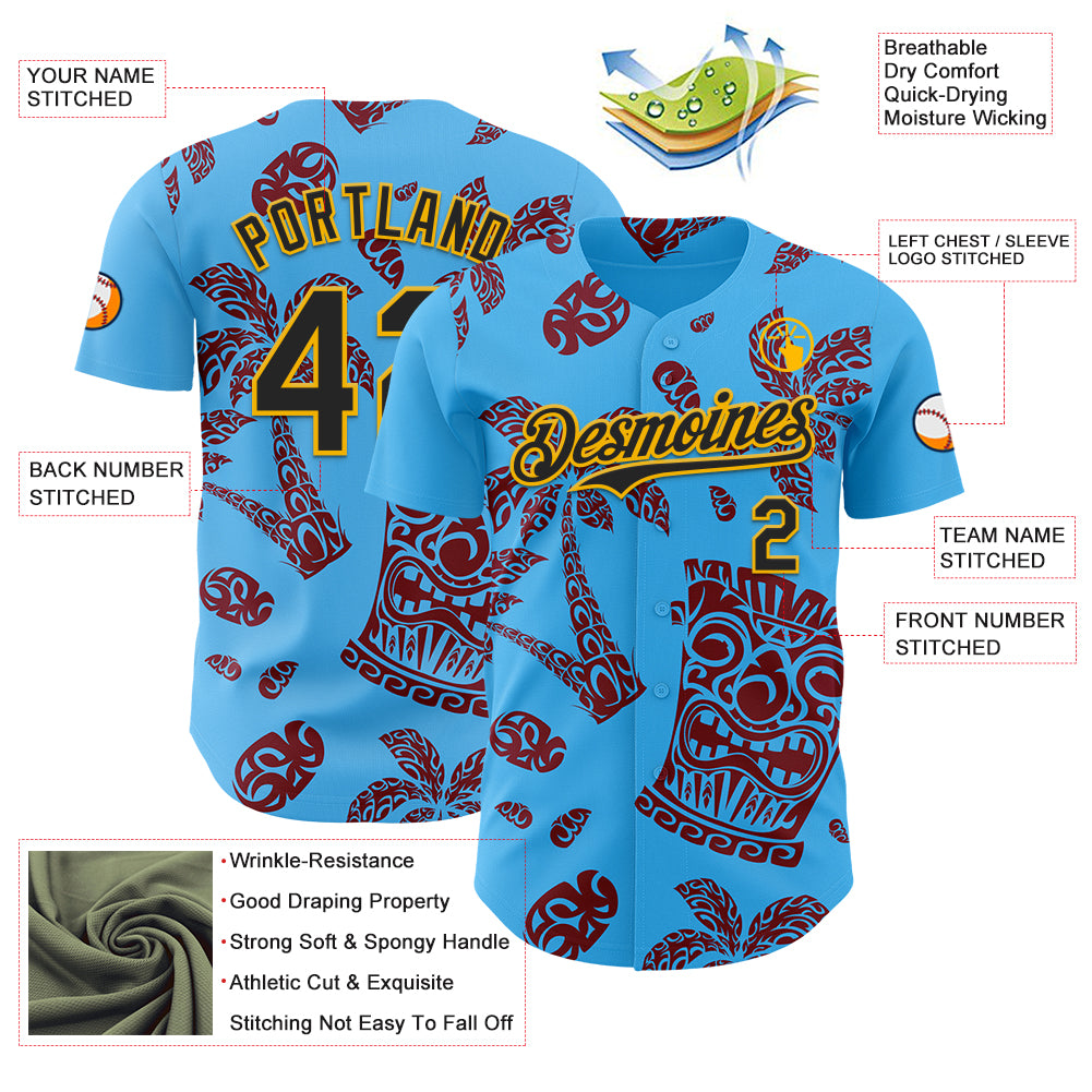 Custom Sky Blue Black Crimson-Gold 3D Polynesian Style Tiki Culture Islander Authentic Baseball Jersey