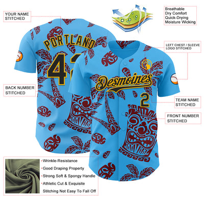 Custom Sky Blue Black Crimson-Gold 3D Polynesian Style Tiki Culture Islander Authentic Baseball Jersey