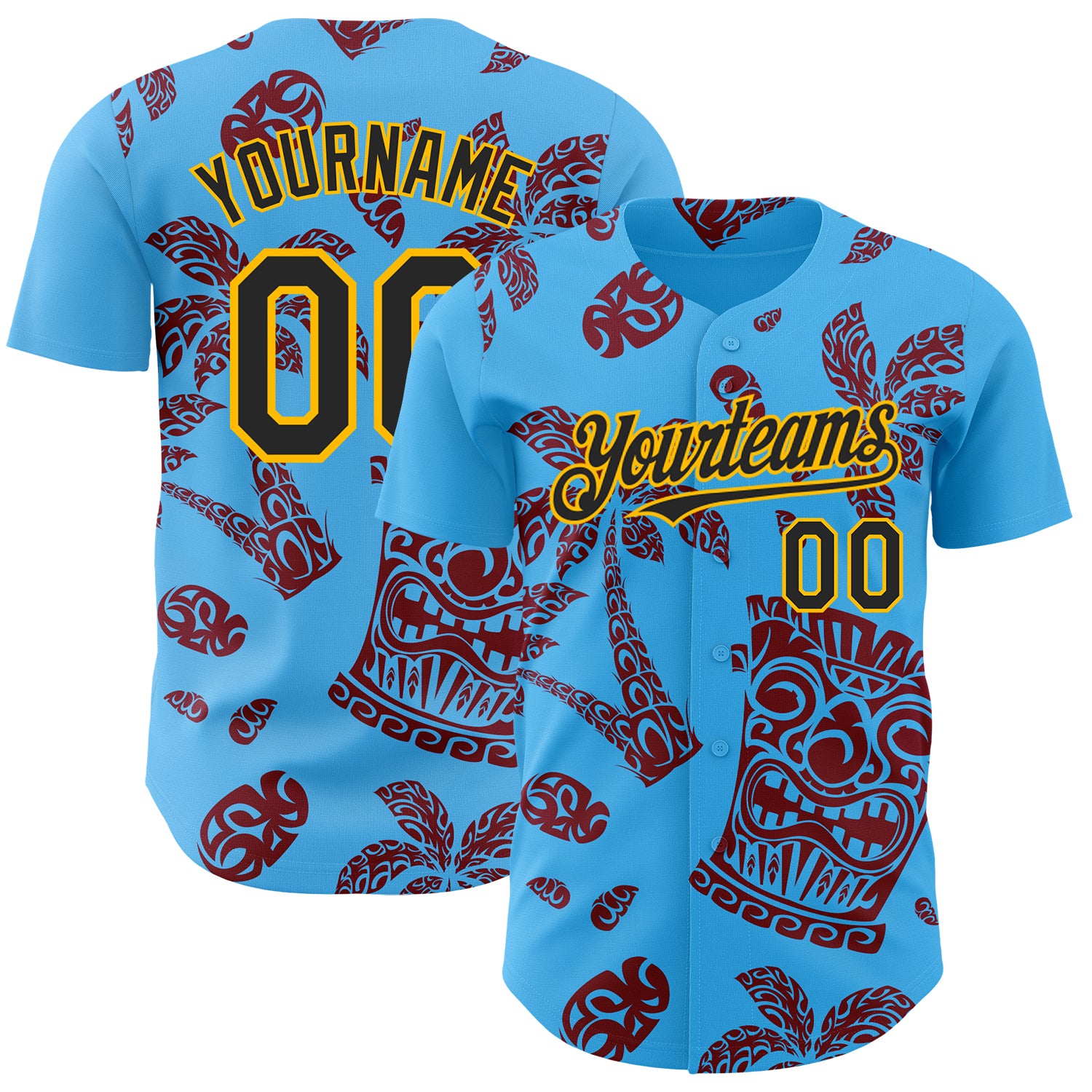 Custom Sky Blue Black Crimson-Gold Polynesian Style Tiki Culture Islander Authentic Baseball Jersey