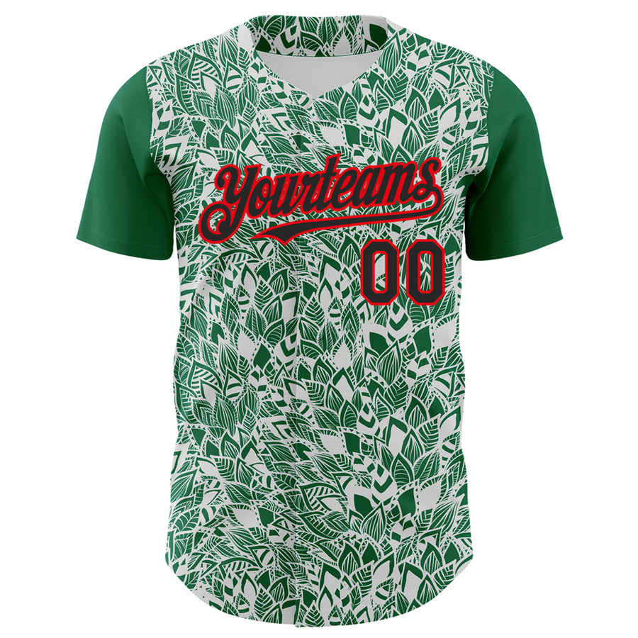 Custom White Black Kelly Green-Fire Red 3D Polynesian Style Islander Authentic Baseball Jersey
