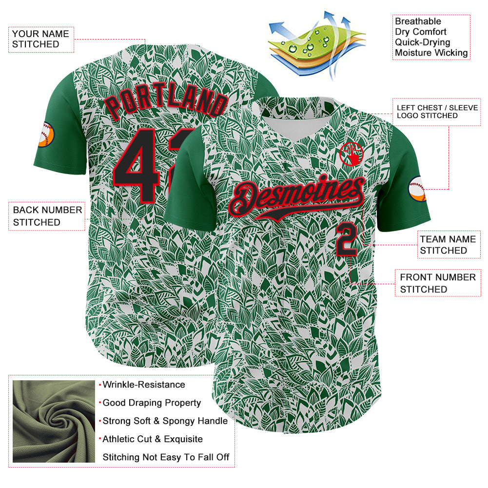 Custom White Black Kelly Green-Fire Red 3D Polynesian Style Islander Authentic Baseball Jersey