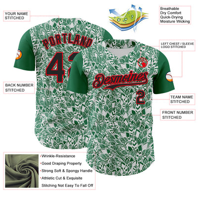 Custom White Black Kelly Green-Fire Red 3D Polynesian Style Islander Authentic Baseball Jersey