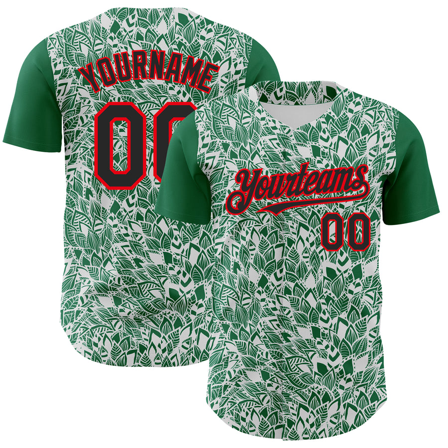Custom White Black Kelly Green-Fire Red 3D Polynesian Style Islander Authentic Baseball Jersey