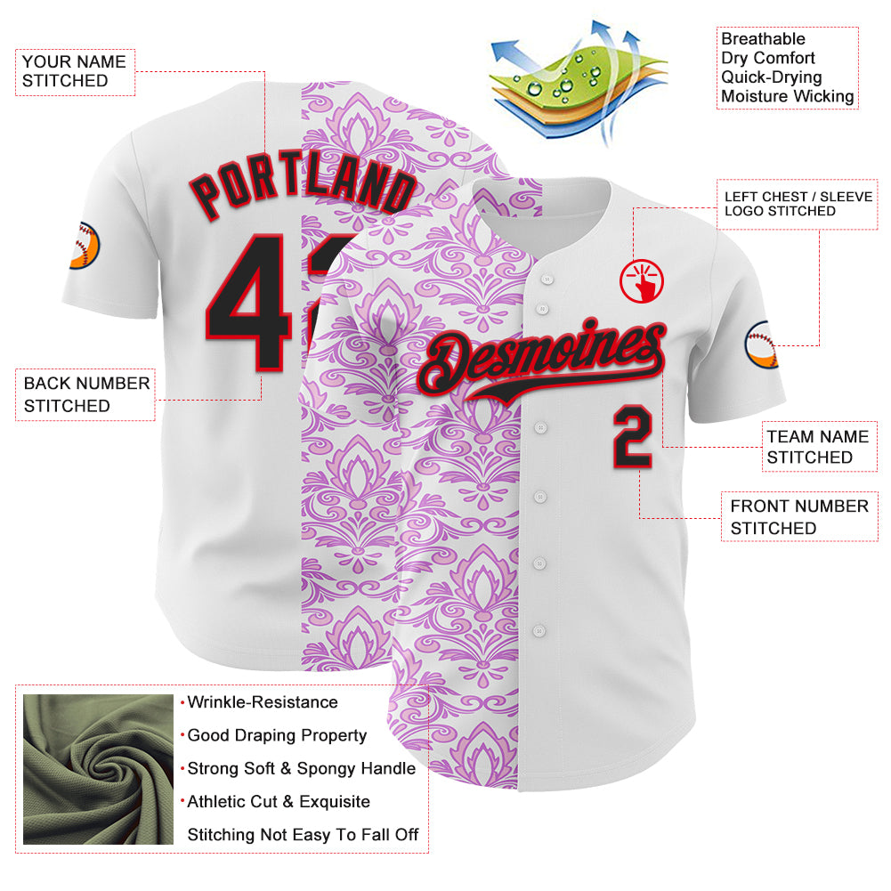 Custom White Black Purple-Fire Red 3D Polynesian Style Islander Authentic Baseball Jersey