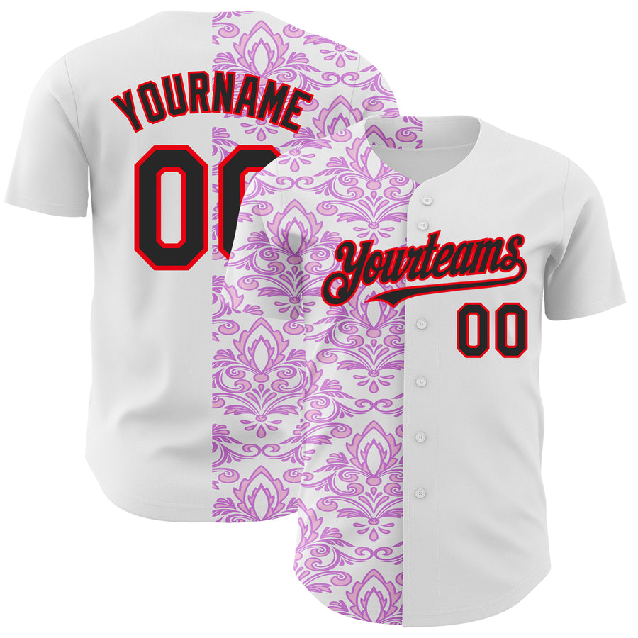 Custom White Black Purple-Fire Red 3D Polynesian Style Islander Authentic Baseball Jersey