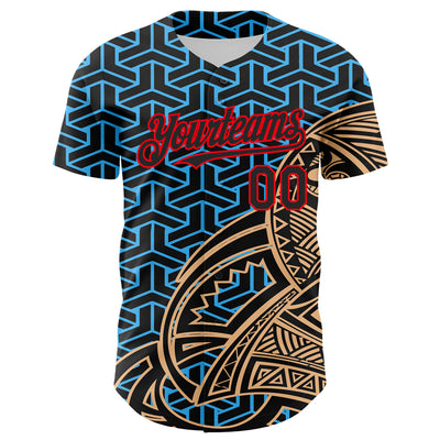 Custom Black Sky Blue Old Gold-Fire Red 3D Polynesian Style Islander Authentic Baseball Jersey