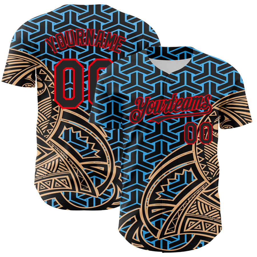 Custom Black Sky Blue Old Gold-Fire Red 3D Polynesian Style Islander Authentic Baseball Jersey