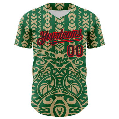 Custom Kelly Green Black Vegas Gold-Fire Red 3D Polynesian Style Islander Authentic Baseball Jersey